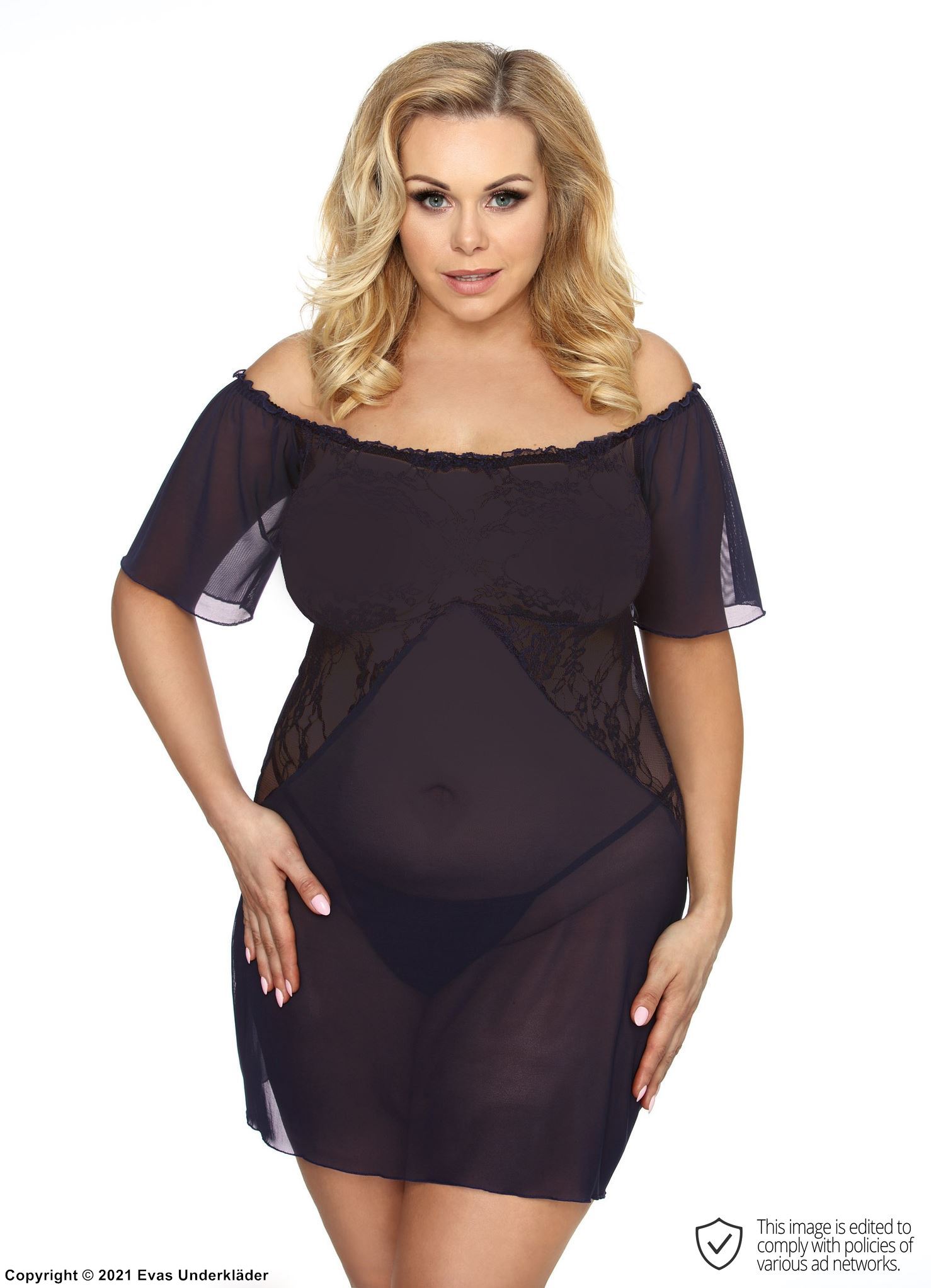 Nightdress, sheer mesh, off shoulder, lace inlay, XL to 6XL